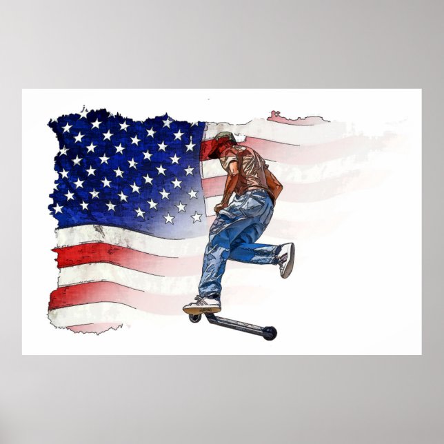 Stunt Scooter Rider and US Flag  Poster (Front)