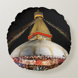 Stupa Boudhanath, Kathmandu at night - Nepal Round Cushion