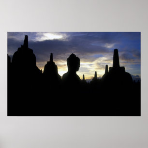 Stupas and Buddha Statue at Sunset, Borobudur Poster