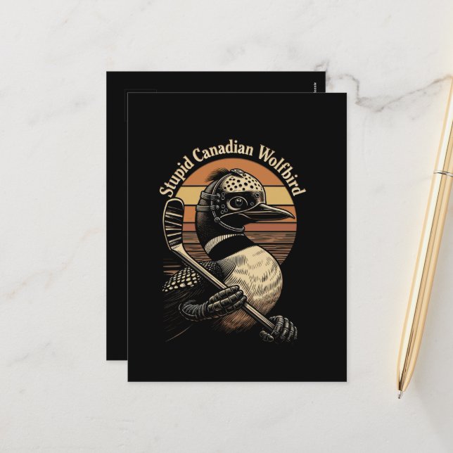 Stupid Canadian Wolf Bird Holiday Postcard (Front/Back In Situ)