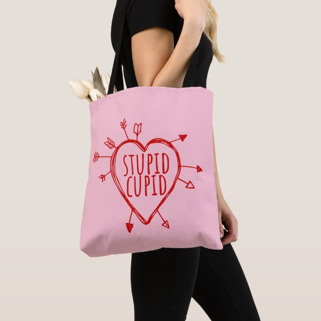 Stupid Cupid Heart With Arrows Funny Sarcastic Tote Bag (Close Up)