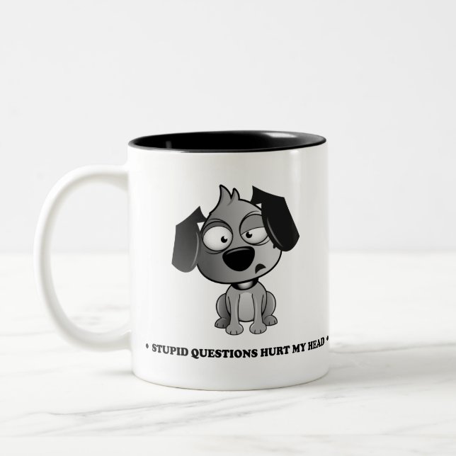 'Stupid Questions Hurt My Head' Fluff Dog. Two-Tone Coffee Mug (Left)