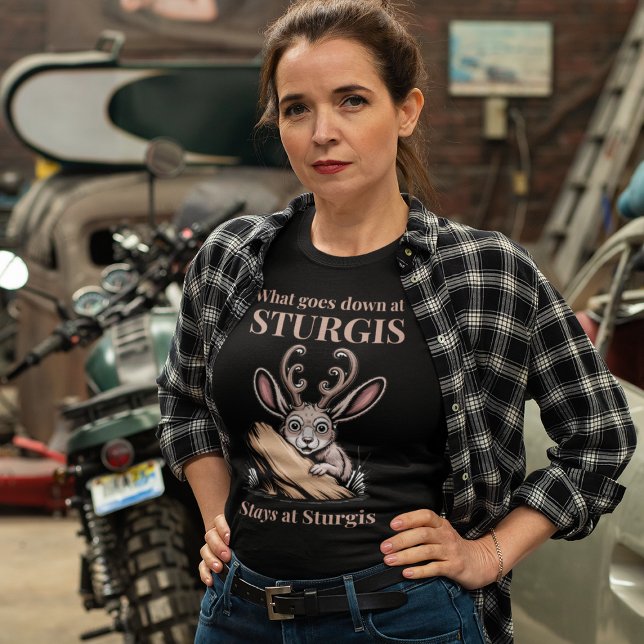 Sturgis Funny Motorcyclist Biker Lifestyle Humour T-Shirt (woman wearing a plaid jacket and Sturgis motorcycle gathering t-shirt
)