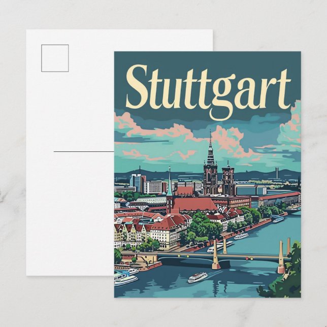 Stuttgart Germany Vintage Travel Illustration Postcard (Front/Back)