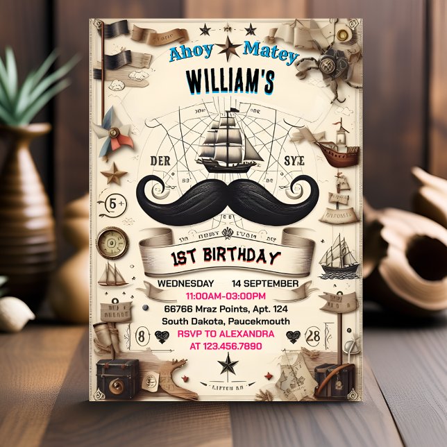 Style Ship Kids Cool Flag Boat Pirate 1st Birthday Invitation (Creator Uploaded)