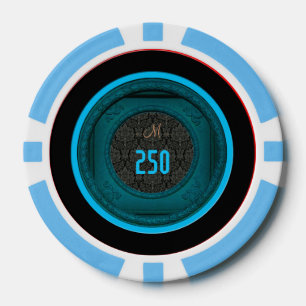 Styled Frame Damask 250 Monogram LBlue Poker Chips