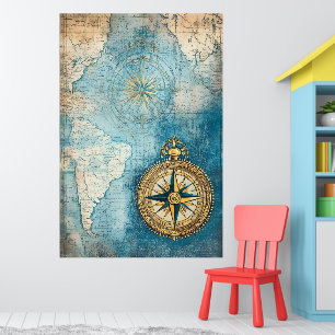 stylised antique map superimposed on a large gold poster