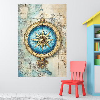 stylised antique map superimposed on a large gold poster