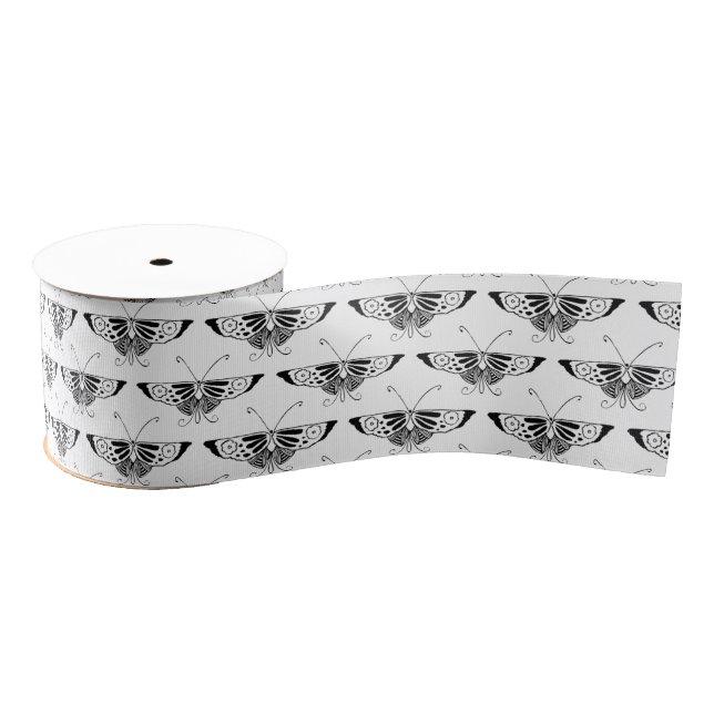 Stylised Art Deco butterfly  - black and white Grosgrain Ribbon (Spool)