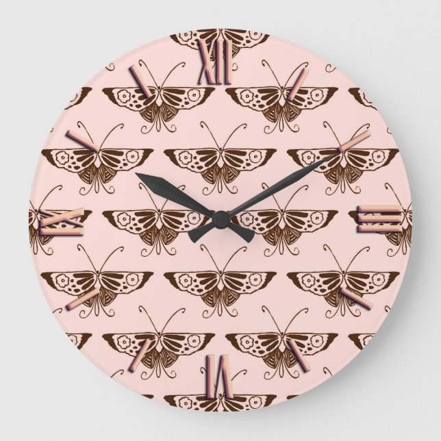 Stylised Art Deco butterfly - chocolate and peach Large Clock (Front)