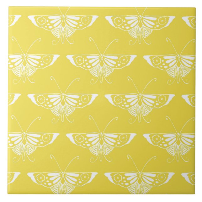 Stylised Art Deco butterfly - yellow and white Tile (Front)
