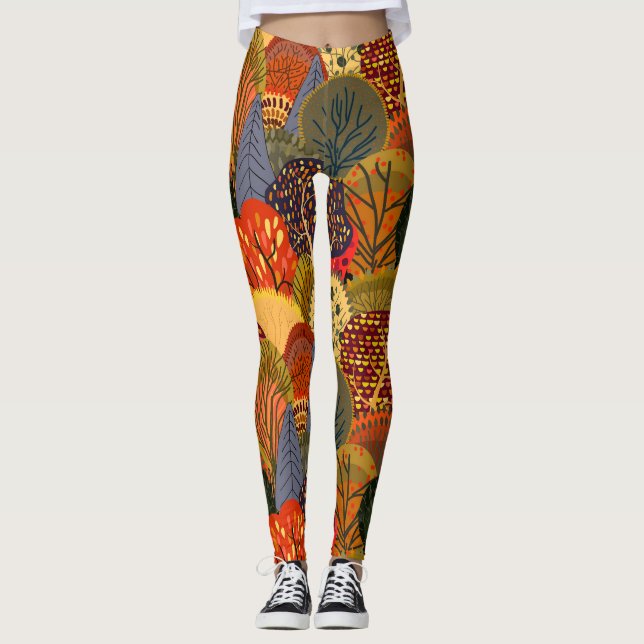Stylised autumn trees, bright forest pattern. leggings (Front)