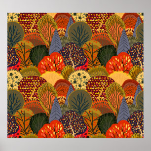 Stylised autumn trees, bright forest pattern. poster