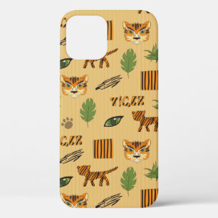 Stylised background with cartoon tiger. Bright che iPhone 12 Case
