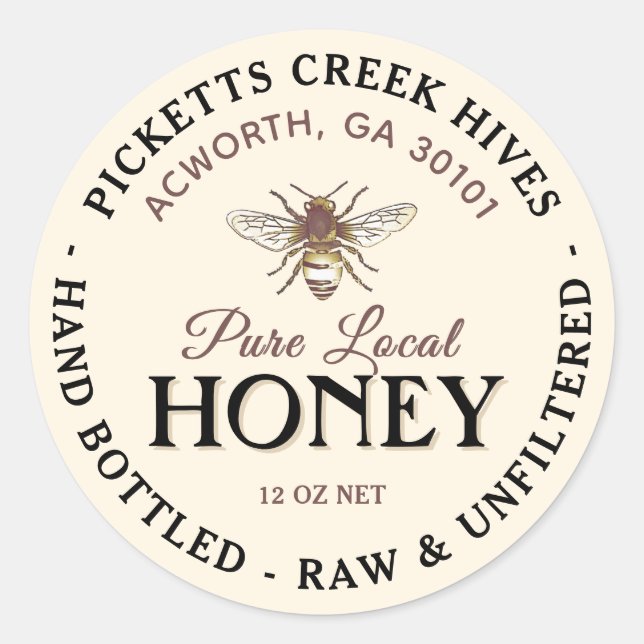 Stylised Bee Honey Label Local Hand Bottled  (Front)
