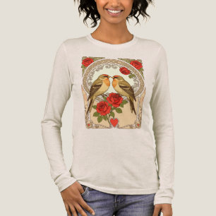 Stylised Birds and Red Roses Art Nouveau Tri-Blend Shirt