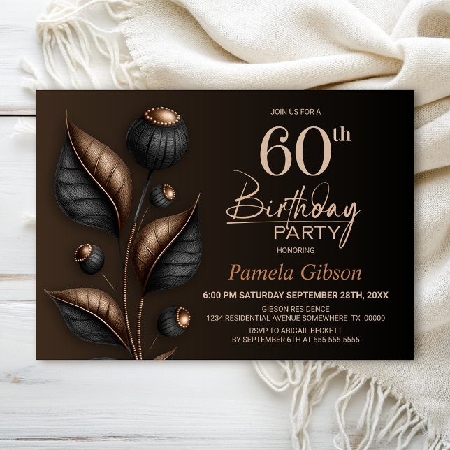 Stylised Black and Copper Eucalyptus 60th Birthday Invitation (Creator Uploaded)