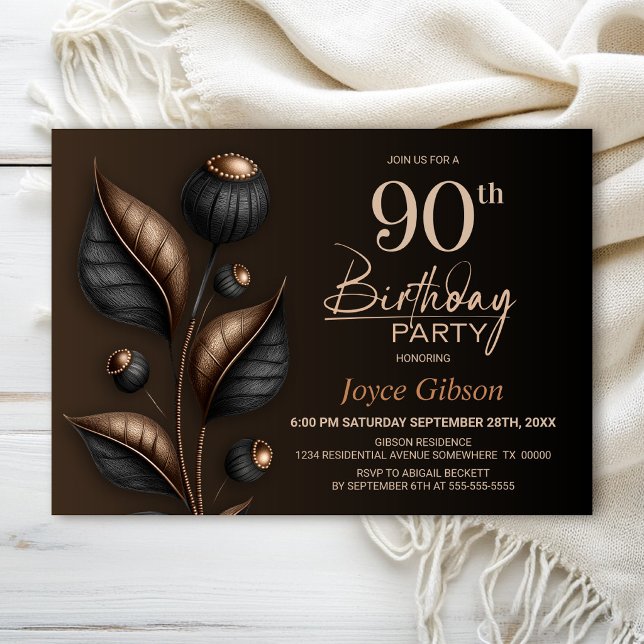 Stylised Black and Copper Eucalyptus 90th Birthday Invitation (Creator Uploaded)