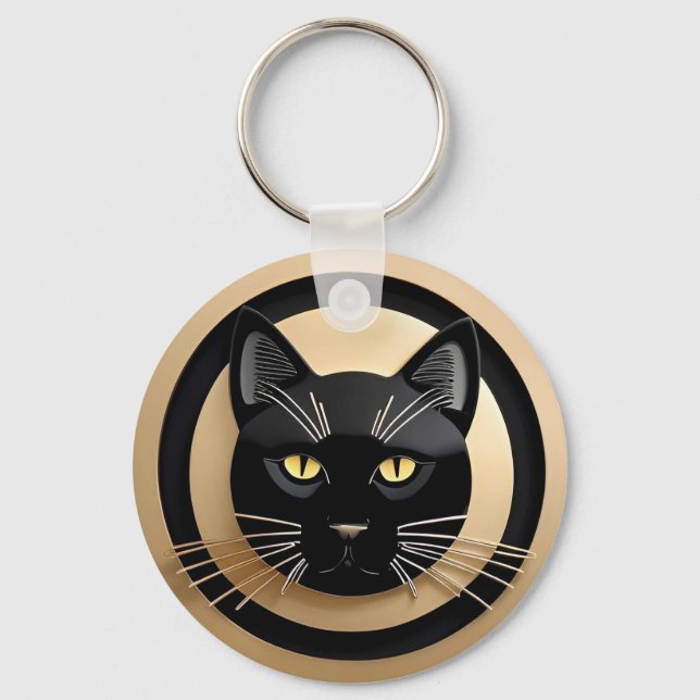 Stylised Black Cat Illustration Key Ring (Front)
