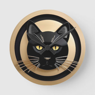 Stylised Black Cat Illustration Round Clock
