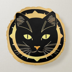 Stylised Black Cat Illustration Round Cushion