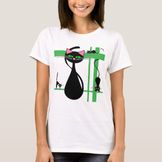 Stylised Black Cats on a Green Grid T-Shirt