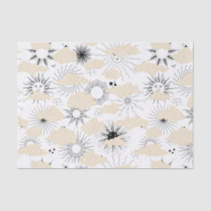 Stylised black suns behind textured tan clouds tissue paper