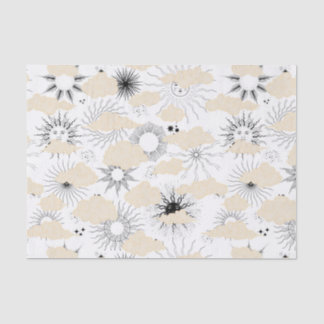 Stylised black suns behind textured tan clouds tissue paper