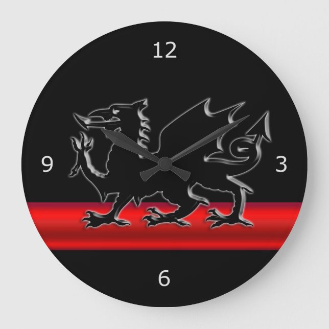 Stylised Black Welsh Dragon, red metallic effect Large Clock (Front)