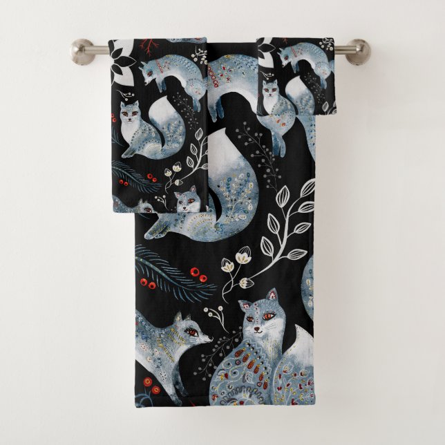  Stylised blue foxes with intricate floral designs Bath Towel Set (Insitu)
