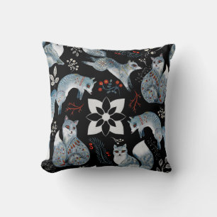  Stylised blue foxes with intricate floral designs Cushion