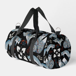 Stylised blue foxes with intricate floral designs Duffle Bag