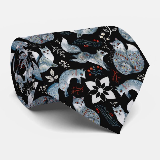  Stylised blue foxes with intricate floral designs Tie (Rolled)