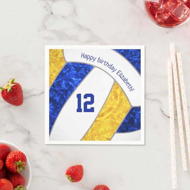 stylised blue gold girls volleyball sports napkin (Insitu)