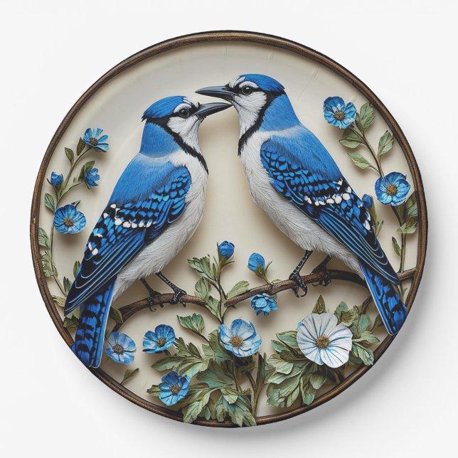 Stylised Blue Jays amid Decorative Botanical Paper Plate (Front)