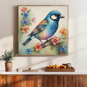 Stylised Bluebird and Blossoms Art Poster