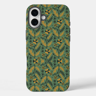 Stylised botanical orange and black floral pattern iPhone 16 plus case