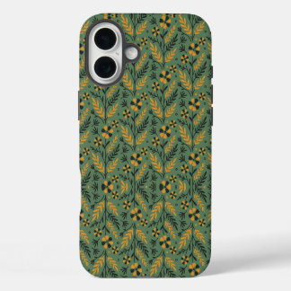 Stylised botanical orange and black floral pattern iPhone 16 plus case
