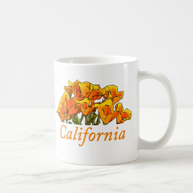 Stylised California Poppy Art, "California" text Coffee Mug (Right)