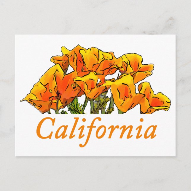 Stylised California Poppy Art, "California" text Postcard (Front)