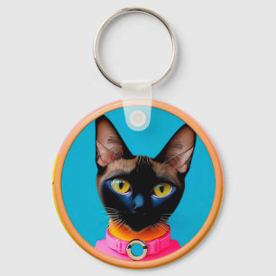 Stylised Cat Portrait With Bold Colours Key Ring