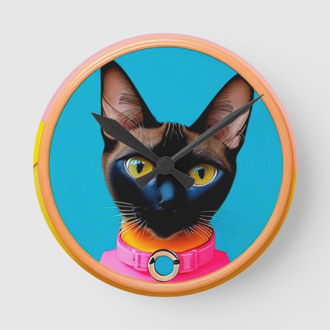 Stylised Cat Portrait With Bold Colours Round Clock (Front)