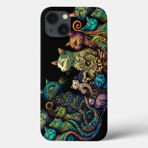 Stylised Cat Tribe Colours on Black Frieze