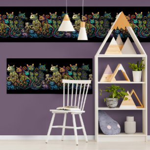 Stylised Cat Tribe Colours on Black Frieze Poster