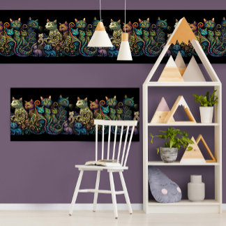 Stylised Cat Tribe Colours on Black Frieze Poster