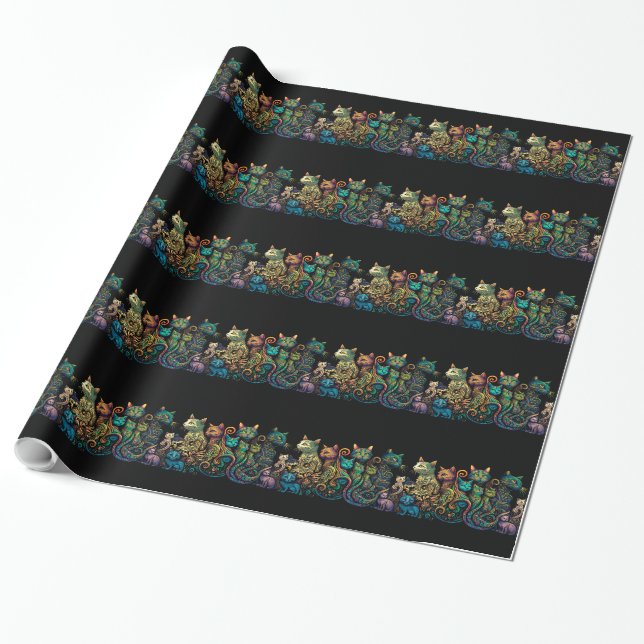 Stylised Cat Tribe Colours on Black Frieze Wrapping Paper (Unrolled)