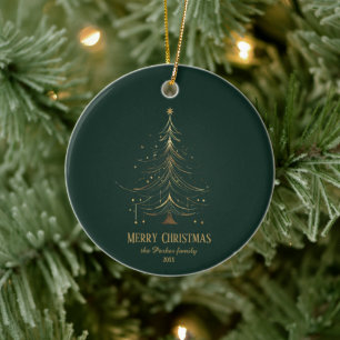Stylised Christmas Tree in Gold on Dark Background Ceramic Tree Decoration