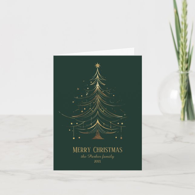 Stylised Christmas Tree in Gold on Dark Background Holiday Card (Front)