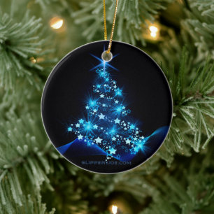 stylised Christmas tree SlipperyJoe glowing blue s Ceramic Tree Decoration