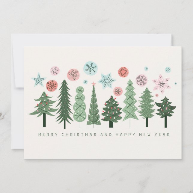 Stylised Christmas Trees and Snowflakes Holiday Card (Front)